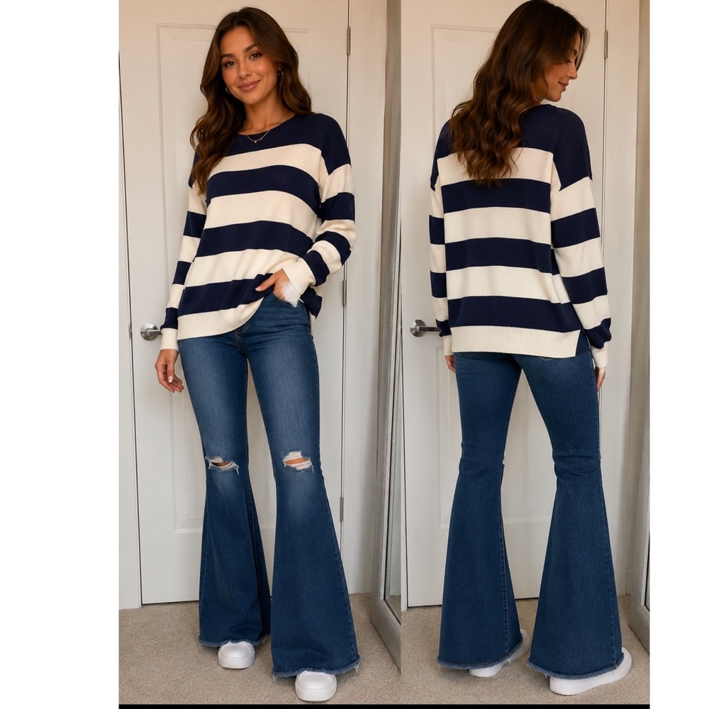 COS Navy Cream Striped Sweater XS 100% Cotton Crewneck Long Sleeve